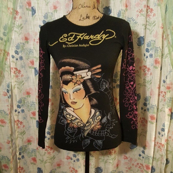 Ed Hardy Tops - Ed Hardy Black Long Sleeve Geisha Top